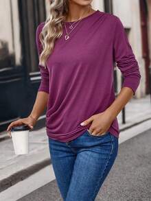 EMERY ROSE 素色褶邊T恤 - 紫色 - 查看 4