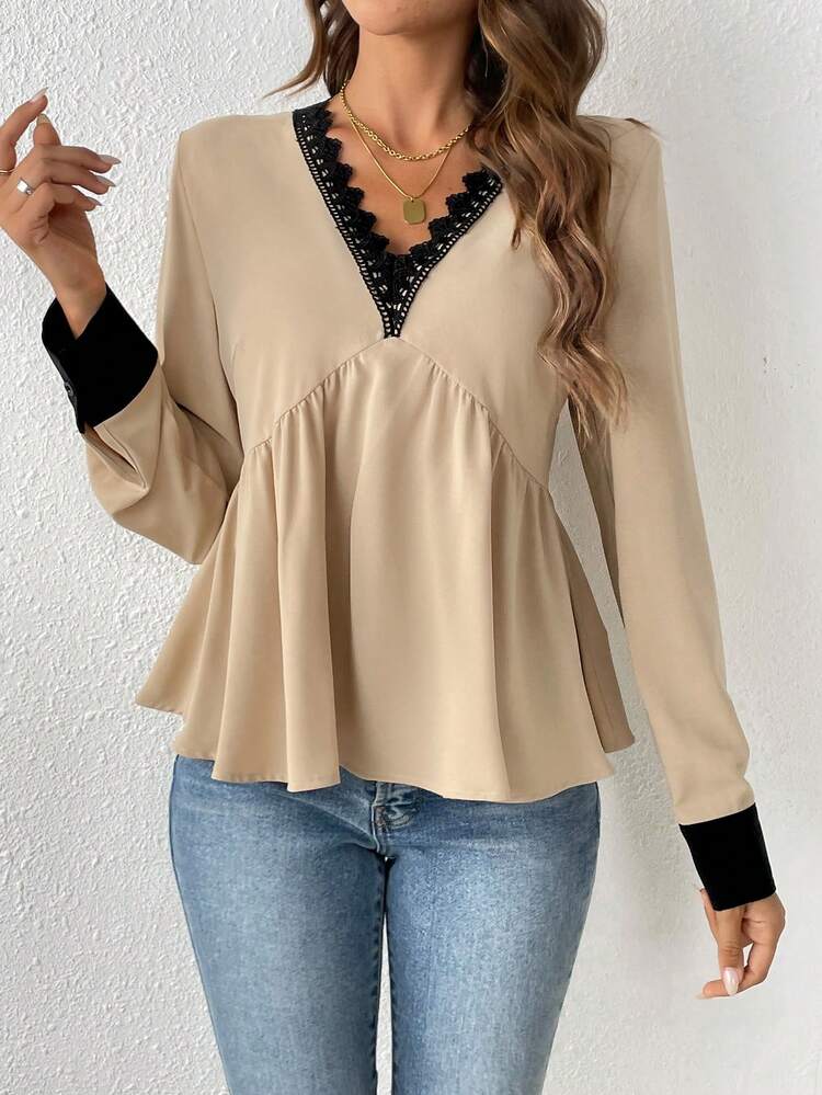 Guipure Lace Trim Peplum Blouse Winter Casual