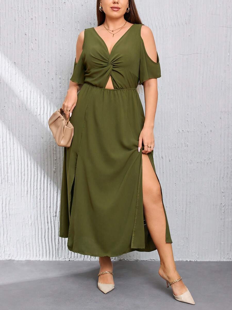 SHEIN Privé 大碼挖肩前扭結高衩洋裝 - 軍綠色 - 查看 1