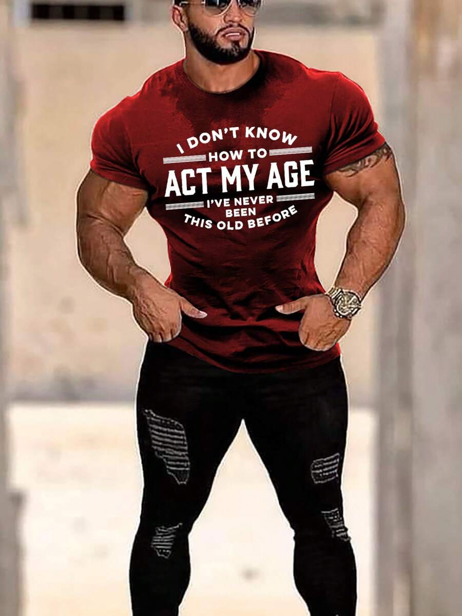 Men Slogan Graphic Tee - Burgundy - View 1