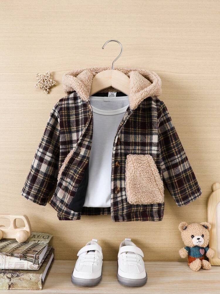 男の子赤ちゃん 格子縞プリント コントラスト テディ Tシャツなし フード付きコート