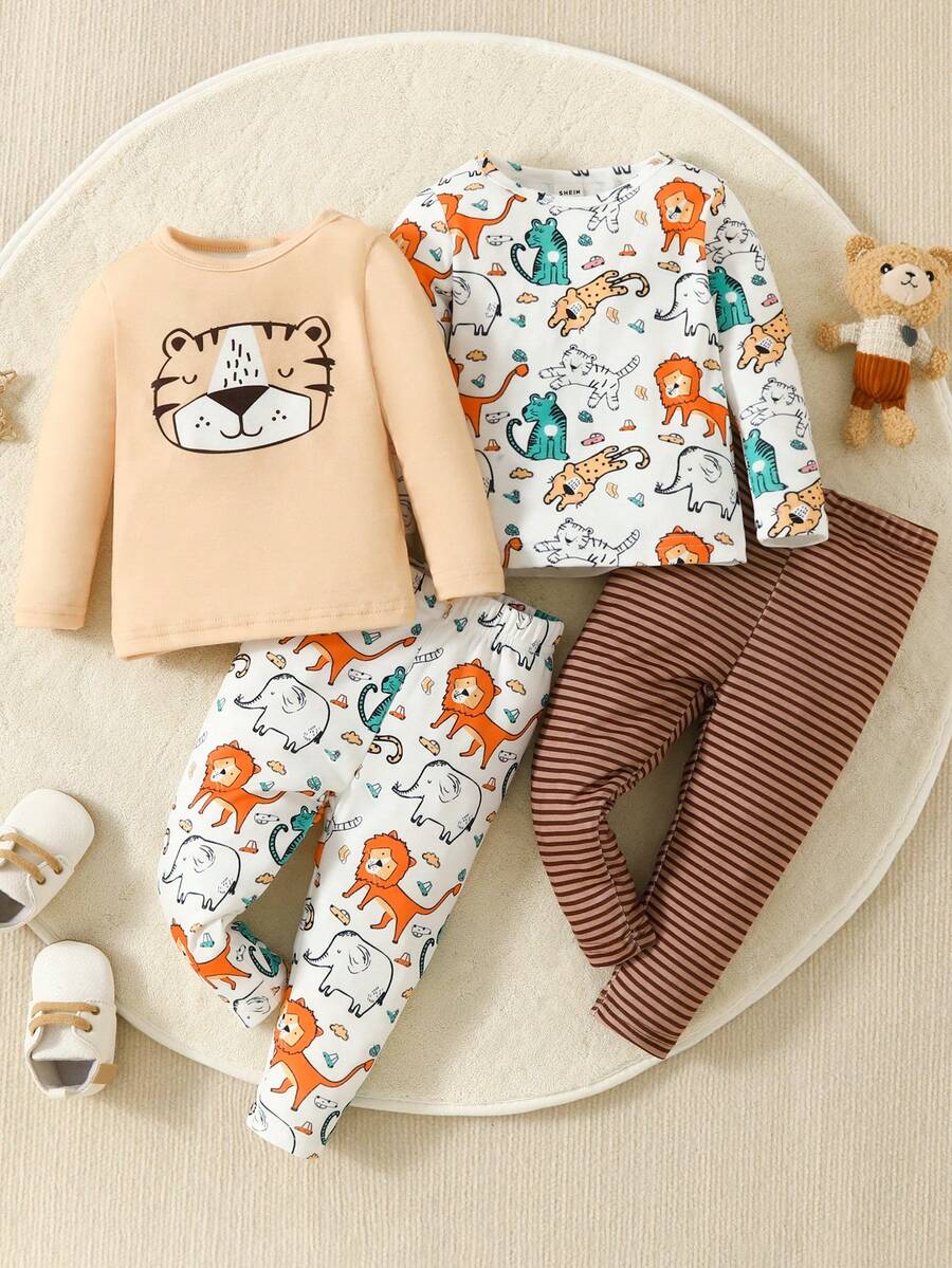 Baby Boys 2pcs Cartoon Graphic Tee & 2pcs Striped Pants PJ Set - Brown - View 1
