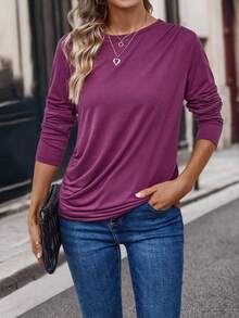 EMERY ROSE 素色褶邊T恤 - 紫色 - 查看 6