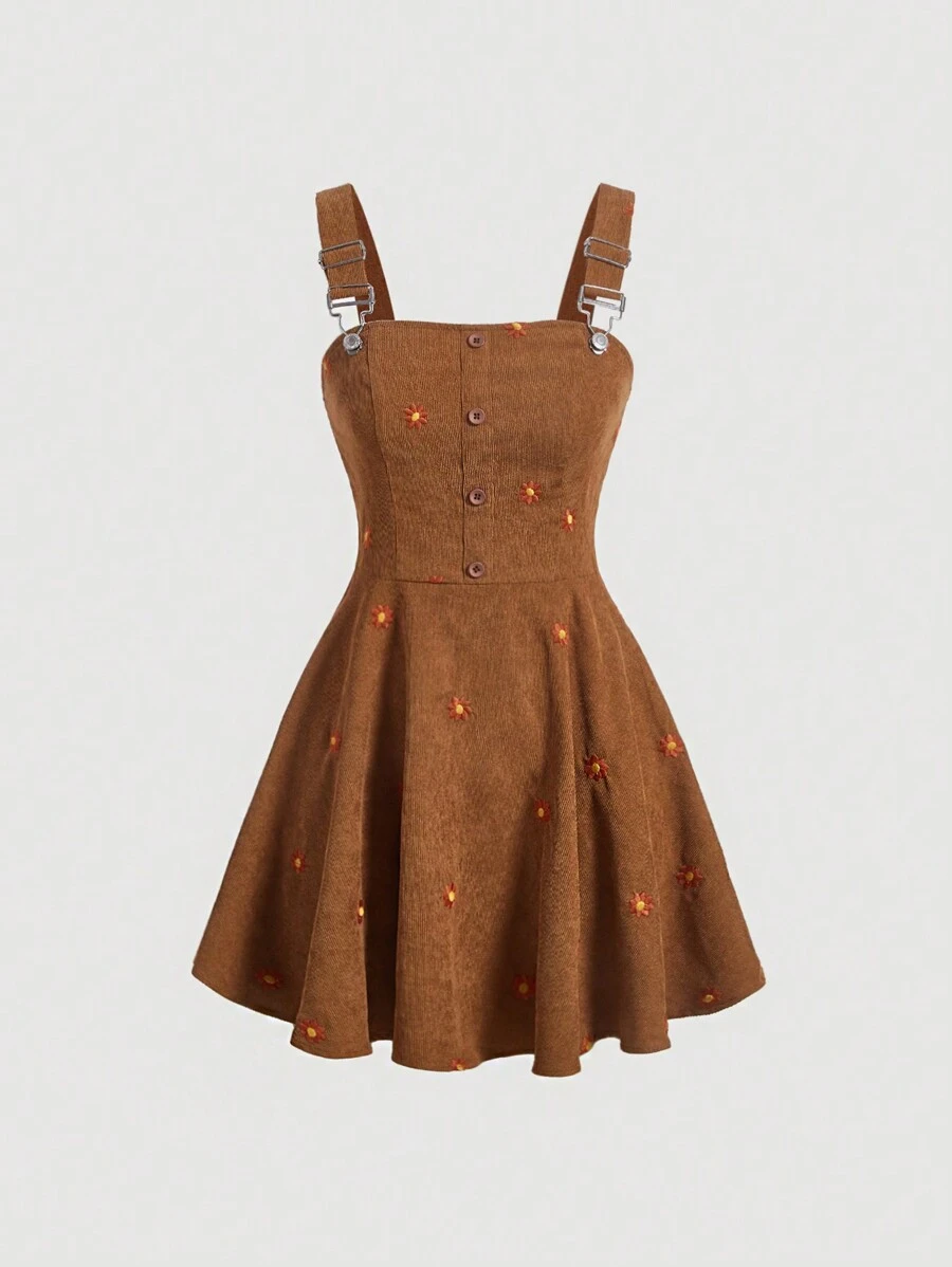 SHEIN MOD 1入組花卉刺繡背帶洋裝 - 棕色 - 查看 1
