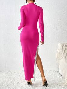 SHEIN Privé Cổ giả Tách đùi Pha lê Fringe Hem Váy bodycon - Màu Hồng Tươi - Xem 2