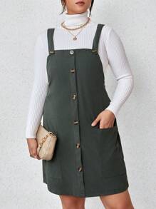 SHEIN Franclia Plus Patched Pocket Overall Dress Without Sweater - Green - View 2