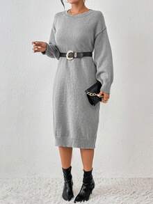 SHEIN Essnce Drop Shoulder Sweater Dress Without Belt - Grey - View 5