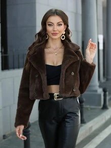1pc Lapel Neck Crop Fuzzy Coat - Coffee Brown - View 3