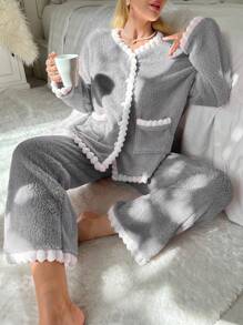 Contrast Trim Flannel Lounge Set, Fall Winter Clothes, Cozy Outfit, Fluffy Pajama - Grey - View 3