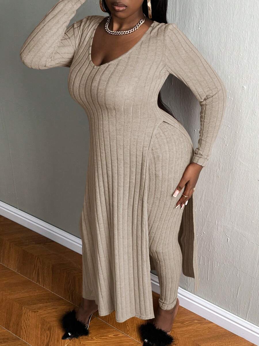 Slaydiva Plus Split Hem Longline Tee & Leggings - Apricot - View 1