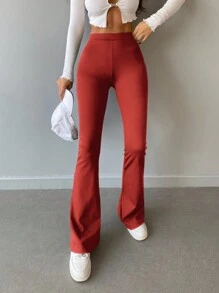 Solid Color Slim Fit Bell Bottom Trousers - Red Orange - View 4