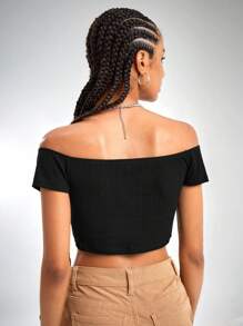 Muchica Top de hombros descubiertos tejido de canalé con nudo delantero