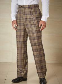 Calvornis Men Plus Plaid Print Slant Pocket Suit Pants - Bronze - View 6