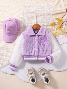 SHEIN Young Girl Letter Patched Striped Trim Colorblock Flannelette Jacket - Mauve Purple - View 6
