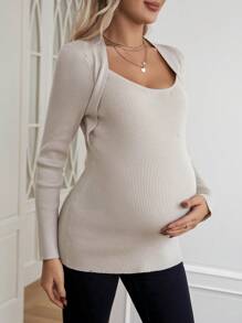 SHEIN Suéter de punto acanalado con cuello reina Ana de maternidad, para invierno