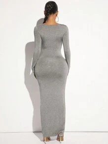 SHEIN SXY Solid Scoop Neck Bodycon Knitted Dress - Light Grey - View 2