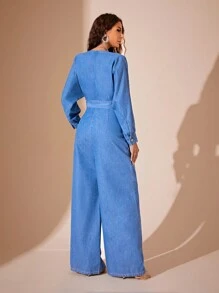 tay cánh Xù Thắt lưng Denim Áo liền quần - Màu xanh lam - Xem 2