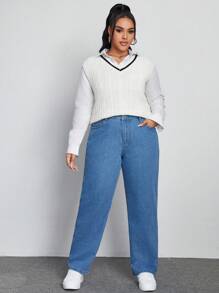 SHEIN EZwear 大碼高腰直筒牛仔褲 - 中等水洗藍 - 查看 6