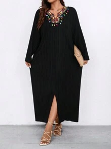 EMERY ROSE 大碼拼接幾何刺繡織帶下擺開叉洋裝 - 黑色 - 查看 4