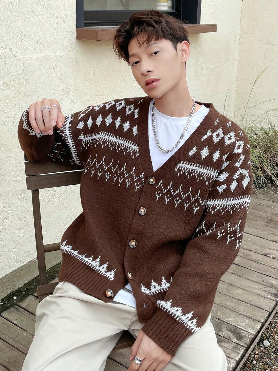 Manfinity Hypemode Men's Geometric Pattern Drop-shoulder Cardigan With Open Front - Coffee Brown - View 1