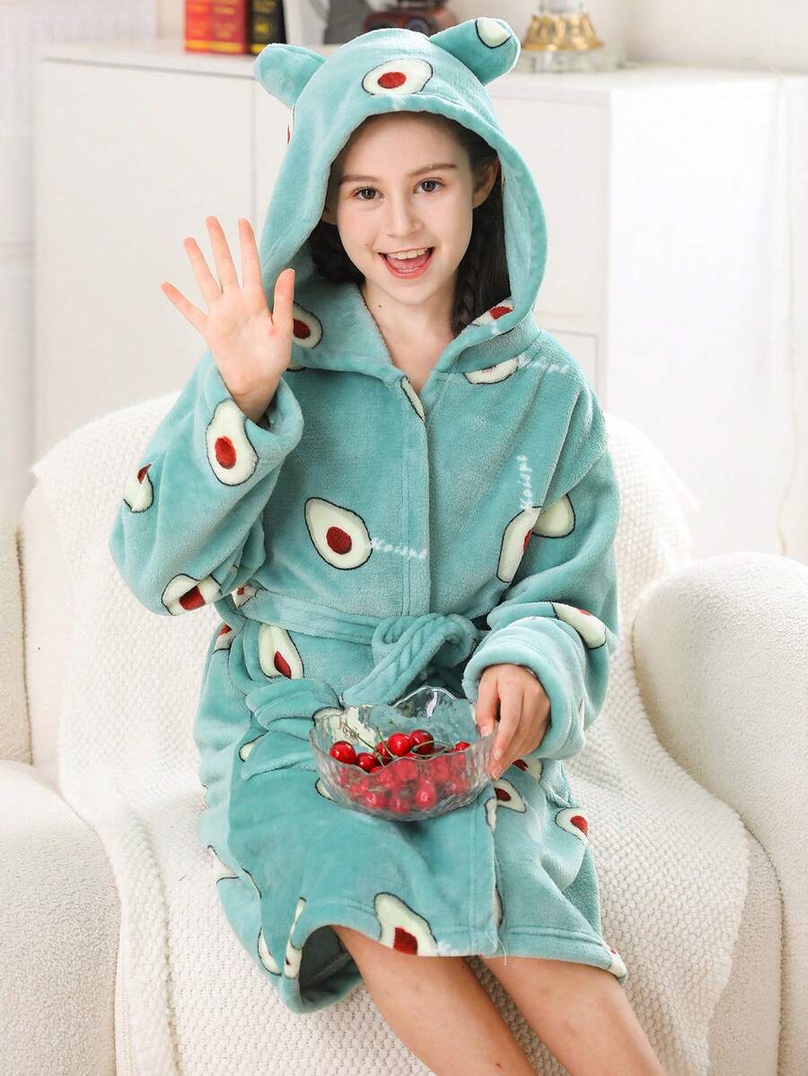 Tween Girl Avocado Print 3D Ear Design Hooded Belted Flannel Sleep Robe