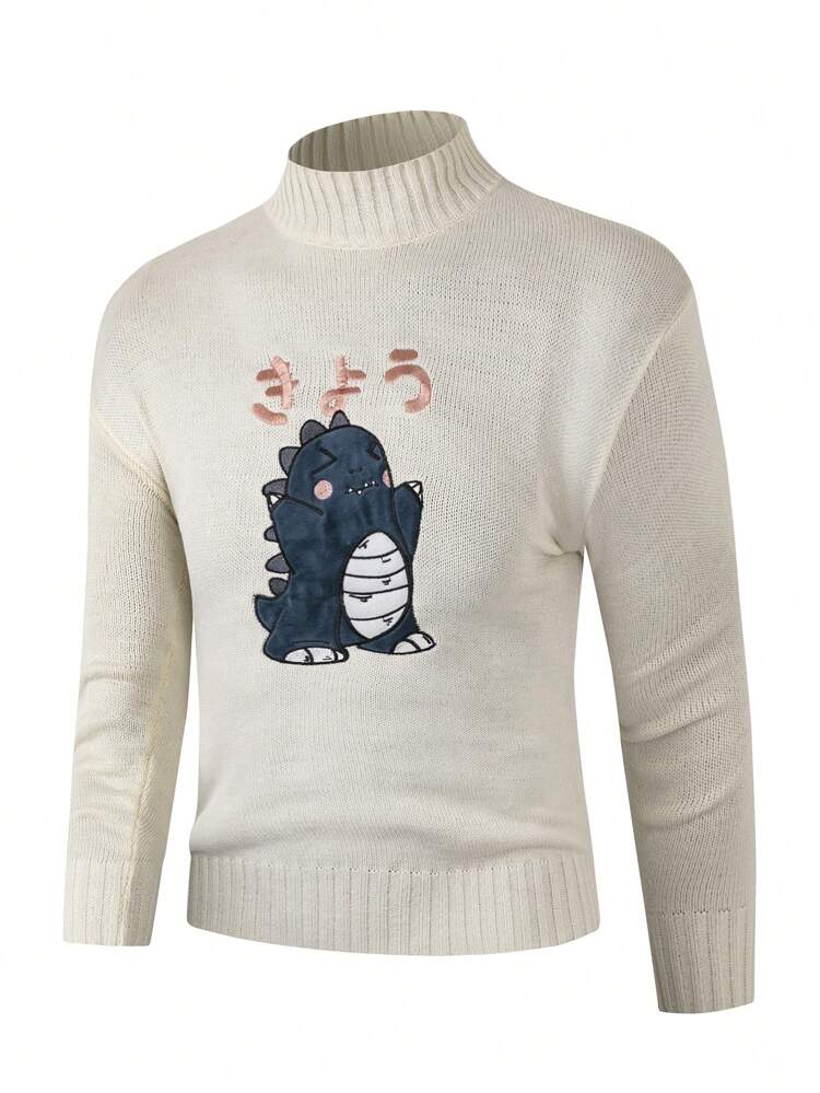 Men Japanese Letter & Cartoon Pattern Mock Neck Sweater