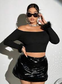 SHEIN ICON Plus Off Shoulder Fuzzy Cuff Crop Sweater - Black - View 4