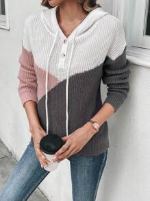 SHEIN LUNE Colorblock Half Button Drawstring Hooded Drop Shoulder Knit Pullover Fall Winter Sweater - Multicolor - View 4
