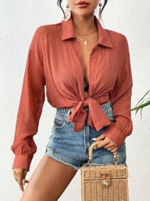 SHEIN Swim Summer Beach Solid Button Front Drop Shoulder Kimono - Rust Brown - View 4
