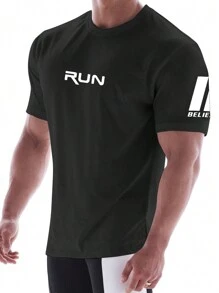 Manfinity Sport Corelite Manfinity Fitness Boyfriend Style Men Letter Graphic Sports Tee  Workout Tops  Workout Tops  Basketball  Back To School Graphic T Shirt Graphic Boyfriend Style Men T Shirt,Gym Clothes, Men's Gym Tee, Black Gym Tee Workout Tops Breathable - Black - View 5