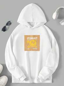 RueChic Men Letter & Cartoon Graphic Hooded Sweatshirt - White - View 1