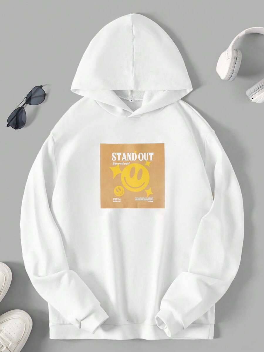 RueChic Men Letter & Cartoon Graphic Hooded Sweatshirt - White - View 1