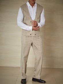 Calvornis Men Plus Plaid Double Breasted Vest Blazer & Suit Pants Without Shirt - Mustard Yellow - View 5