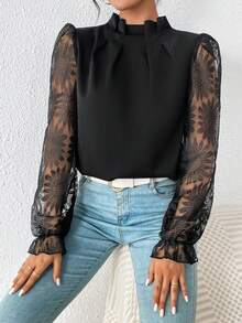 SHEIN Privé Contrast Lace Flounce Sleeve Mock Neck Blouse - Black - View 6