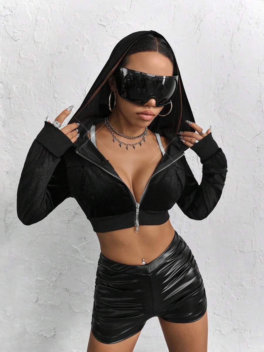 SHEIN ICON 拉鏈開襟短款連帽衛衣 - 黑色 - 查看 1