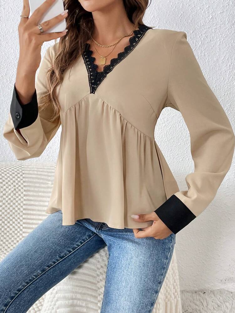 Guipure Lace Trim Peplum Blouse Winter Casual