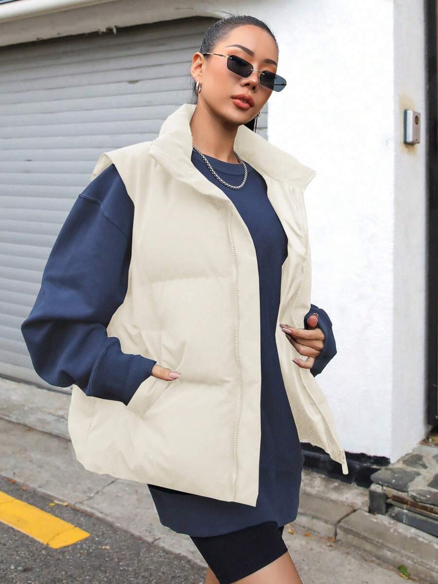 DAZY 拉链斜口袋加厚背心外套，冬季女式加厚外套夹克 - 米色 - 查看 1