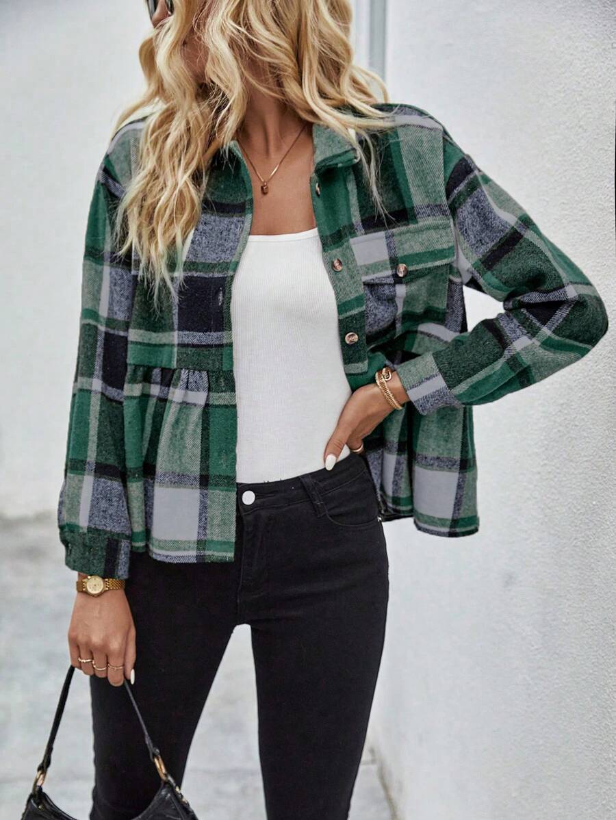 SHEIN LUNE In kẻ sọc Thả vai Áo khoác Peplum Hem - màu xanh lá - Xem 1