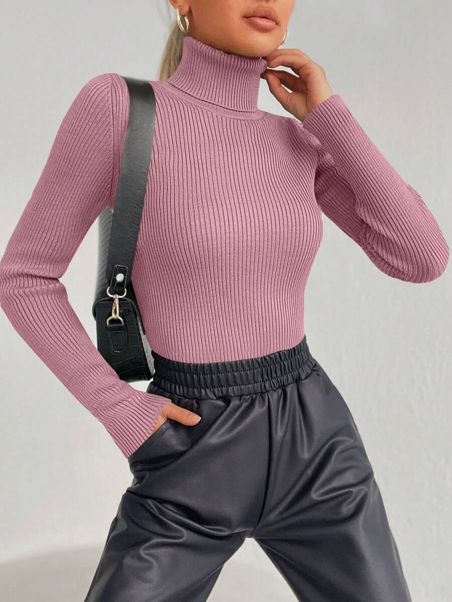 RueChic Women's Solid Color Simple Turtleneck Pullover Sweater - Pink - View 1