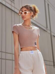 SHEIN EZwear Letter Patched Detail Waffle Knit Crop Tee - Apricot - View 5