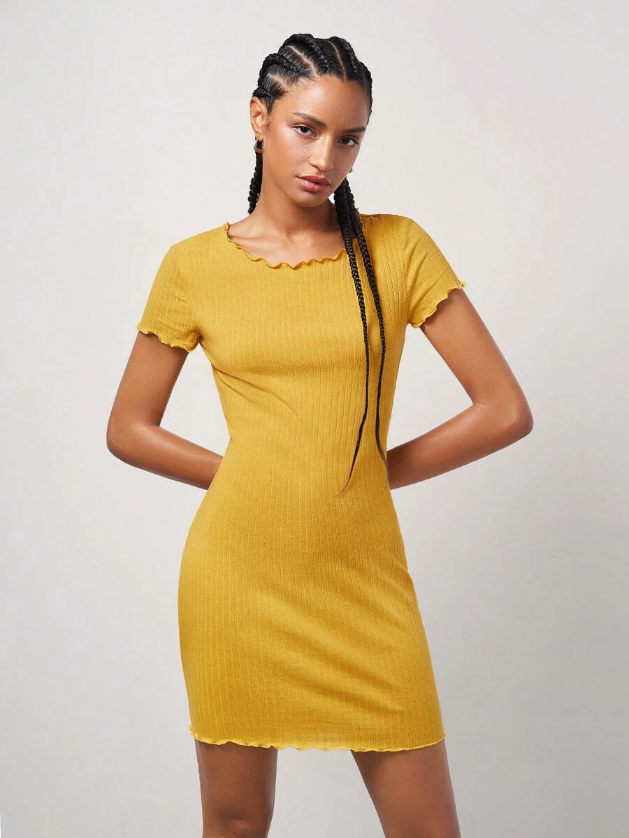 Muchica 木耳邊羅紋針織緊身連衣裙 - 芥末黃 - 查看 1