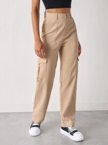 SHEIN Unity High Waist Flap Pocket Side Cargo Trousers - Khaki - View 4