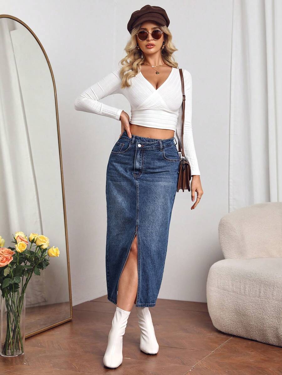 SHEIN Privé 高腰高衩牛仔半身裙 - 深色水洗藍 - 查看 1