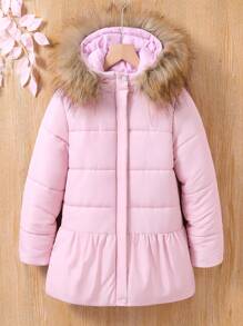 SHEIN Tween Girl Fuzzy Trim Hooded Padded Coat - Pink - View 5