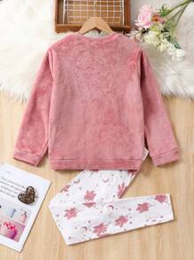 Cô gái Tween Thêu Chữ Flannel Bộ PJ Áo & Quần - Bụi hồng - Xem 2