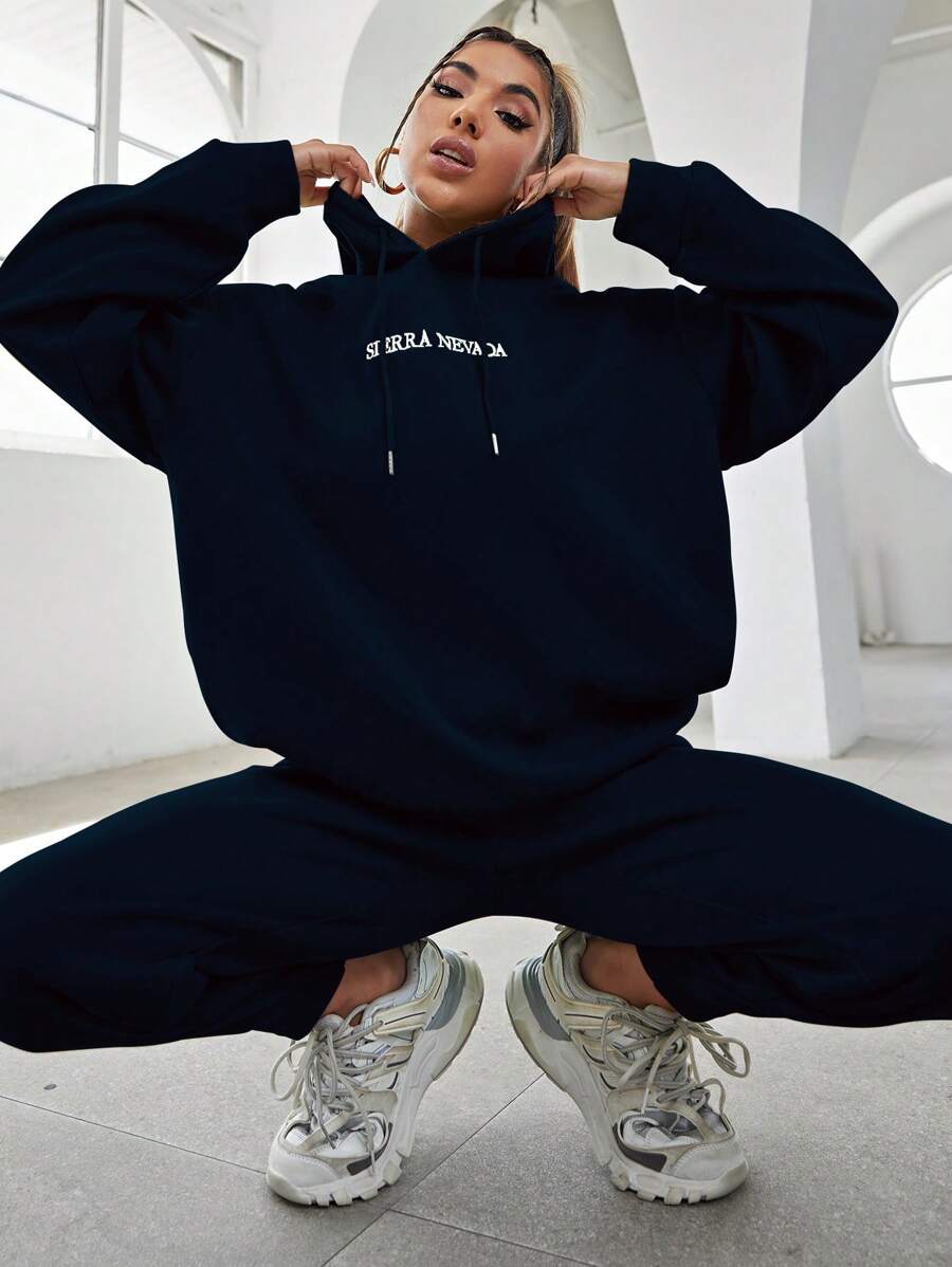 SHEIN Unity Letter Graphic Drop Shoulder Drawstring Hoodie & Sweatpants Fall Cloth For Women - Navy Blue - View 1