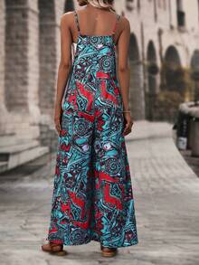 SHEIN VCAY 滿版印花闊腿吊帶連體褲 - 青碧色 - 查看 2