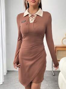 SHEIN Unity Letter Patched Detail Lace Up Front Ruched Side Bodycon Dress Fall Cloth For Women - Multicolor - View 3