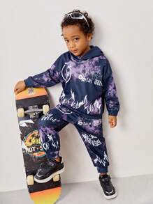 Young Boy Casual Loose Tie Dye Flame & Smiling Face Hoodie Sweatshirt With Knitted Pants Set, Fleece Thickened