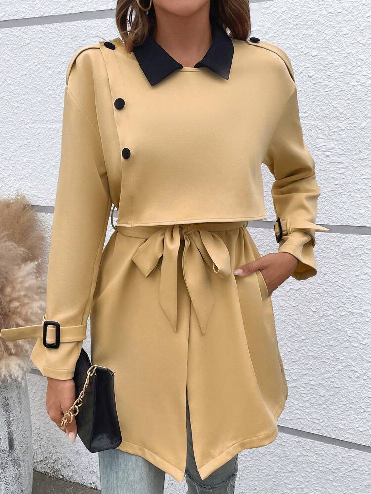 Color Block Collar Belted Coat Fall Cloth For Women